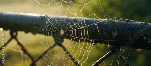A detailed shot of a spider web woven intricately on a chainlink fence mesh, blending with the surrounding grass and plants, showcasing the interaction of terrestrial animals and arthropods photo