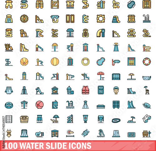 100 water slide icons set. Color line set of water slide vector icons thin line color flat on white