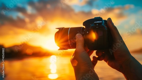 Capturing the golden hour, a skilled photographer stands against the sky, their digital slr camera ready to capture the breathtaking sunset with its lens pointed towards the radiant sun
