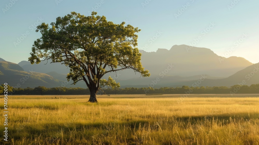 A majestic tree stands tall in the vast field, surrounded by the lush green grass and overlooking the mountains, as the vibrant colors of the sunrise paint the sky above the peaceful meadow