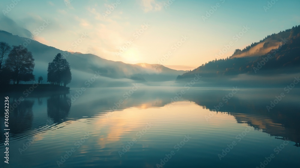 As the sun rises over the tranquil lake, mist hovers over the mirrored surface, reflecting the majestic mountains and lush trees of the serene landscape in the lake district As the sun rises over the tranquil lake, mist hovers over the mirrored surface, reflecting the majestic mountains and lush trees of the serene landscape in the lake district