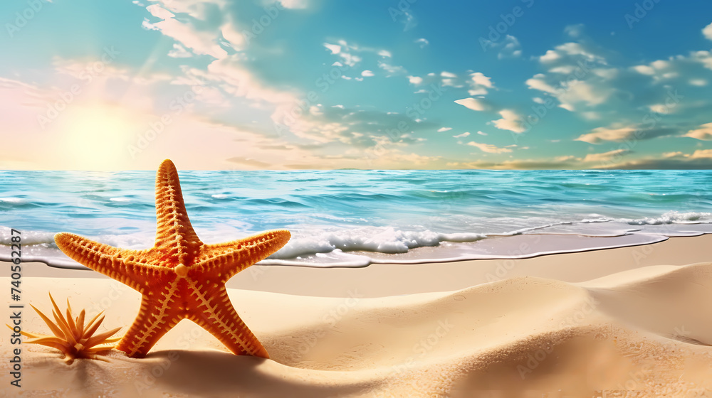 Beautiful beach with starfish and shells Beautiful beach with starfish and shells