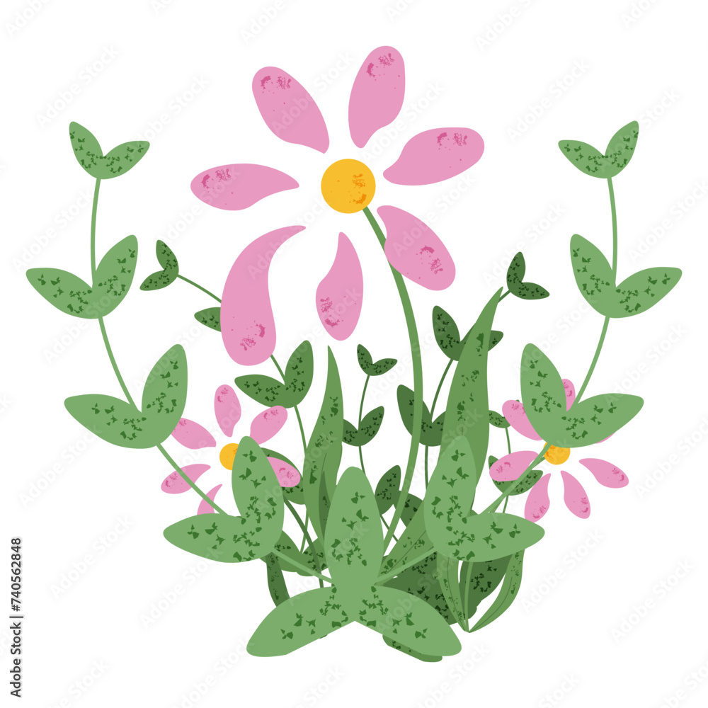 Spring Flowers bouquet isolated white background. Hand drawn Summer plant. Daisy with green leaves and Grunge retro texture. Vector illustration can used web design. EPS 10