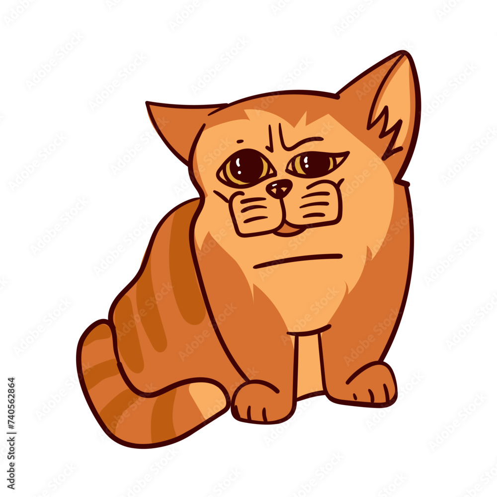 Obraz premium The cat is a cartoon redhead. A cartoon fat tabby cat shows emotions. An animal kitten with emotions on its face. Vector isolated illustration of a red-colored cat stands and looks with huge eyes