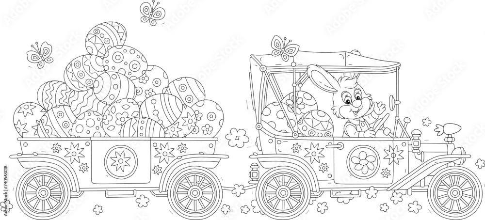Greeting card with a happy Easter Bunny driving its fancy retro car with painted gift eggs for the holiday, black and white vector cartoon illustration for a coloring book
