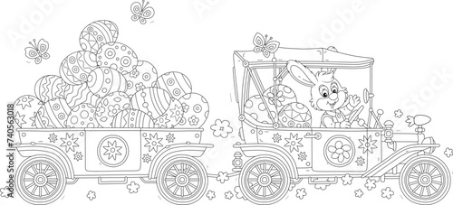 Greeting card with a happy Easter Bunny driving its fancy retro car with painted gift eggs for the holiday, black and white vector cartoon illustration for a coloring book