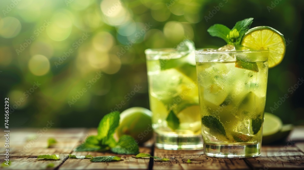 Refreshing and citrusy, two glasses of green liquid with mint leaves make for the perfect summer cocktail garnished with key lime and lemon, evoking images of classic cocktails like the caipirinha, m Refreshing and citrusy, two glasses of green liquid with mint leaves make for the perfect summer cocktail garnished with key lime and lemon, evoking images of classic cocktails like the caipirinha, m