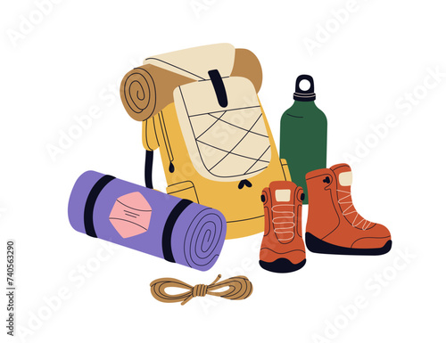 Hiking backpack, water bottle, equipment. Camping rucksack, travel luggage, accessories. Tourists pack, trekking boots, sleeping mat. Flat graphic vector illustration isolated on white background
