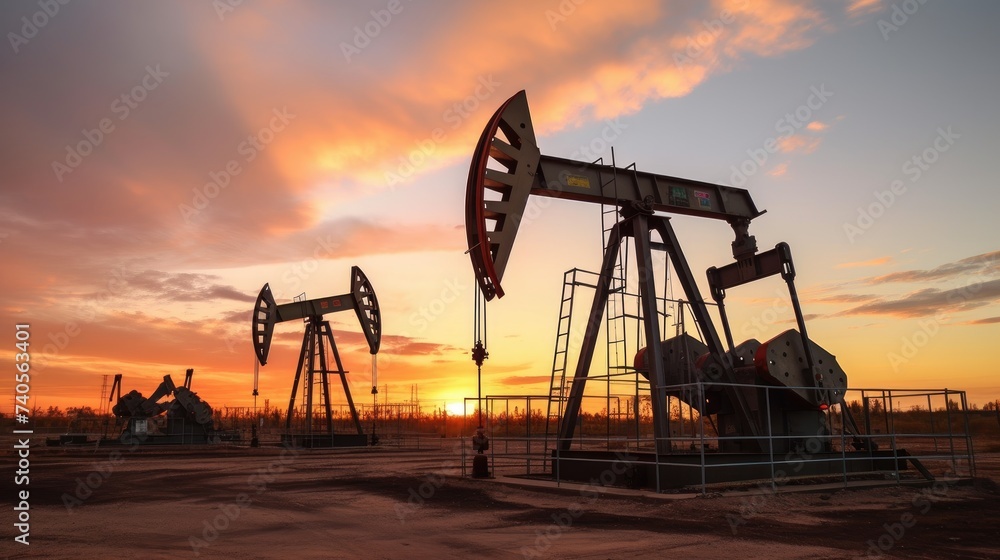 Industrial landscape. Oil Field. Oil pumps against the setting sun