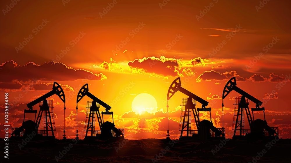 Industrial landscape. Oil Field. Oil pumps against the setting sun