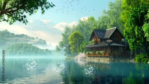 Beautiful natural scenery with fantasy tropical landscape And wooden houses by the lake when it rain. Seamless looping 4k time-lapse video animation background photo
