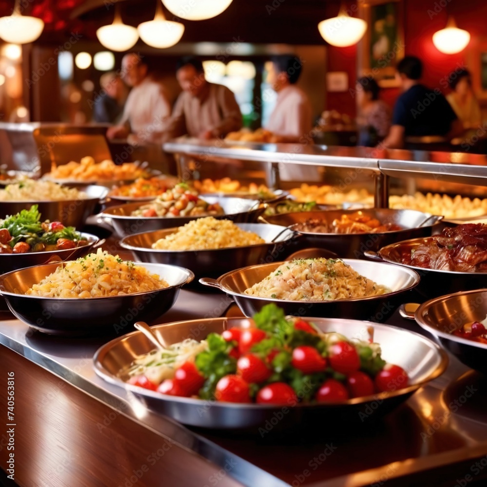 Interior of buffet restaurant with large servings of food laid out, indoor architecture