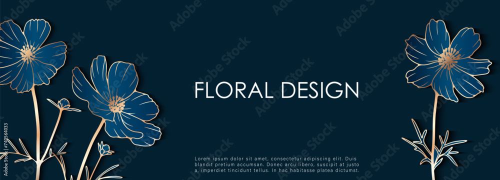 Dark blue luxury vector floral design with golden wildflower outlines. Floral card, poster, banner, cover design.