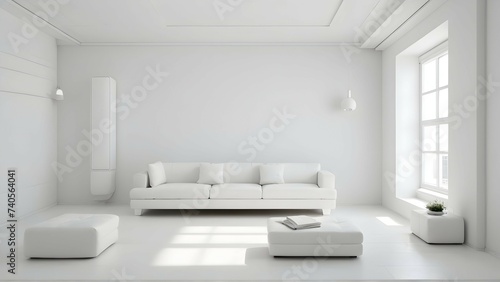 A minimalist interior design with a touch of Soviet influence, featuring clean lines and a monochromatic color scheme of white and grey. photo