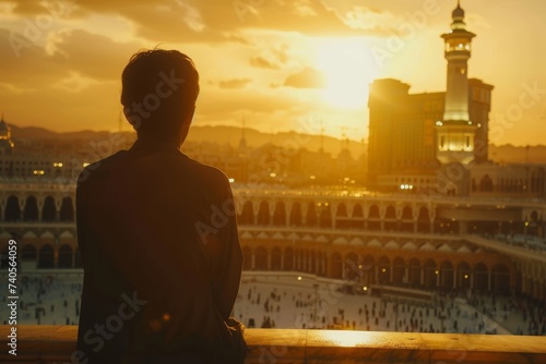A breathtaking view of a grand architectural structure, with a person in the foreground observing the scene, illuminated by the golden hues of sunset