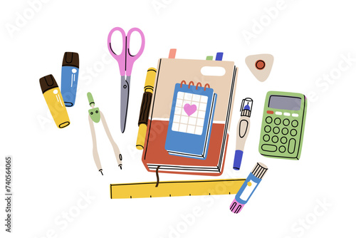 Stationery supplies. Notebook, notepad, calculator, ruler, school accessories, items. Sketchbook, note book, diary, stationary tools composition. Flat vector illustration isolated on white background