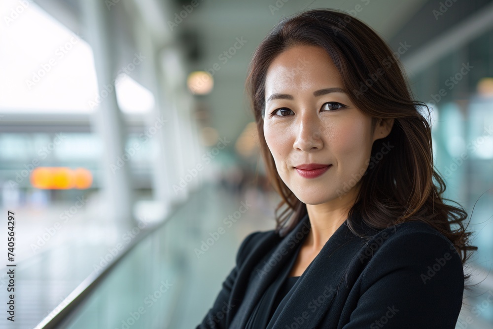 Femme d'affaires asiatique devant la vitre d'embarquement d'un aéroport » IA générative