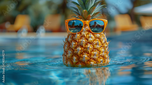 Pineapple in sunglasses floating in a pool on a sunny summer day. The concept of summer vacation, travel, vacation, relaxation. Generative AI.	