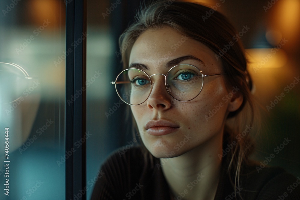 Femme d'affaires à lunettes regardant par la fenêtre » IA générative - obrazy, fototapety, plakaty 
