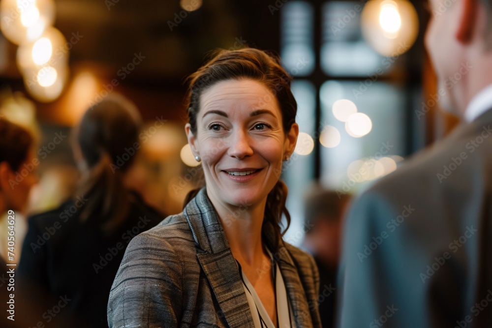 Femme d'affaires souriante durant un cocktail entre professionnels » IA générative - obrazy, fototapety, plakaty 