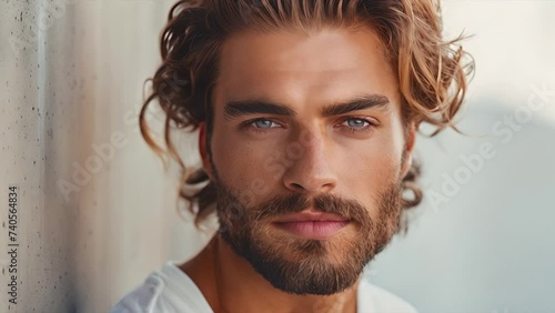 Close up of a handsome young European man with a beard and blue eyes smoldering and staring into the camera photo