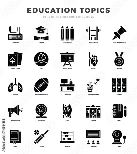 Set of Education Topics Icons. Simple Glyph art style icons pack.