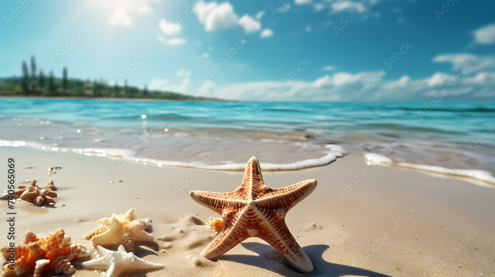Sea shells and starfish, starfish on the ocean surface Sea shells and starfish, starfish on the ocean surface
