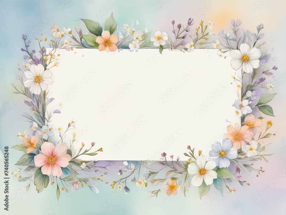 watercolor illustration of a large space for a note with small white and colorful tiny flowers, on the left side on a soft pastel background with a hint of floral pattern