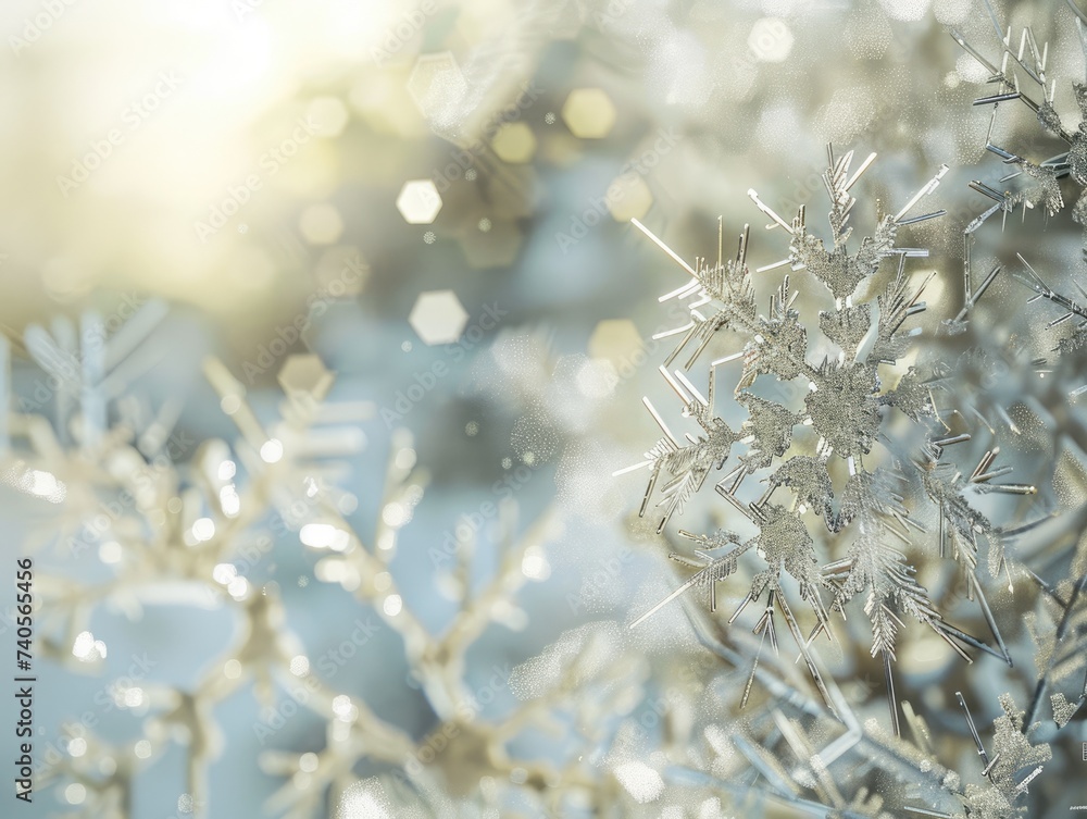 snowflake ice crystals snow falling on frozen ground and plants on a cold winter night Ai generative