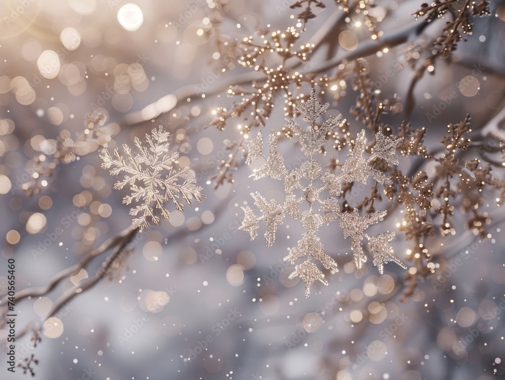 snowflake ice crystals snow falling on frozen ground and plants on a cold winter night Ai generative