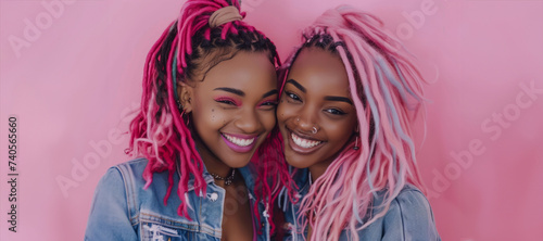 two funny African American girls with pink dreadlocked hair smile at the camera. Cheerful girls on a pink background. The girls are wearing denim casual clothes. photo