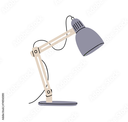 Table desk lamp, office desktop light. Electric illumination equipment, adjustable metal leg, bending neck, shade, wire and stand. Flat cartoon vector illustration isolated on white background