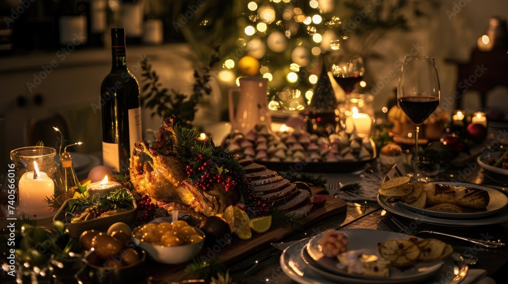 Christmas Dinner table full of dishes with food and snacks, New Year's decor with a Christmas tree on the background. Generative AI Christmas Dinner table full of dishes with food and snacks, New Year's decor with a Christmas tree on the background. Generative AI