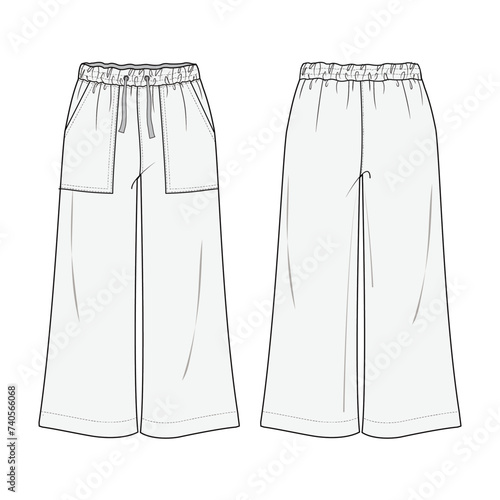 Women’s wide pants, Fashion Flat Sketch Vector Illustration, CAD, Technical Drawing, Flat Drawing, Template, Mockup.