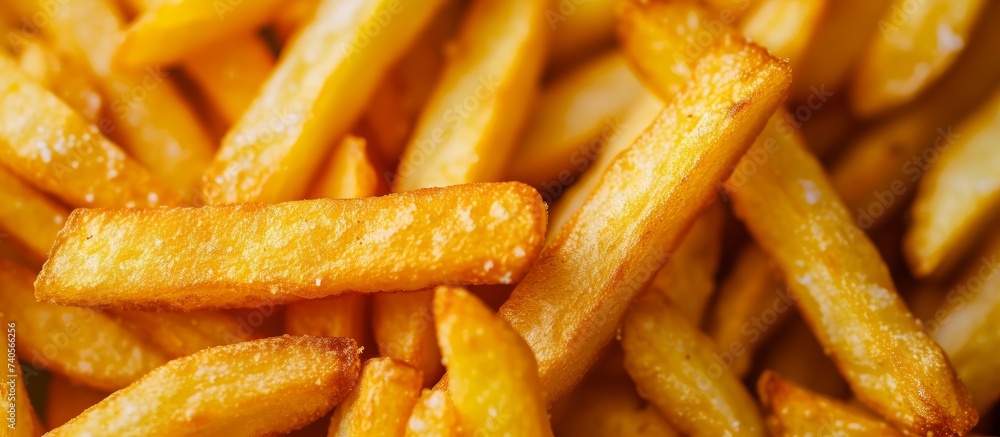 A tempting pile of crispy french fries with a bitten-off ketchup-drenched one on top A tempting pile of crispy french fries with a bitten-off ketchup-drenched one on top