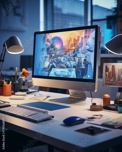 A desktop computer or PC on a desk in a graphic designer or photographer's office, workspace, studio. Blue hues.