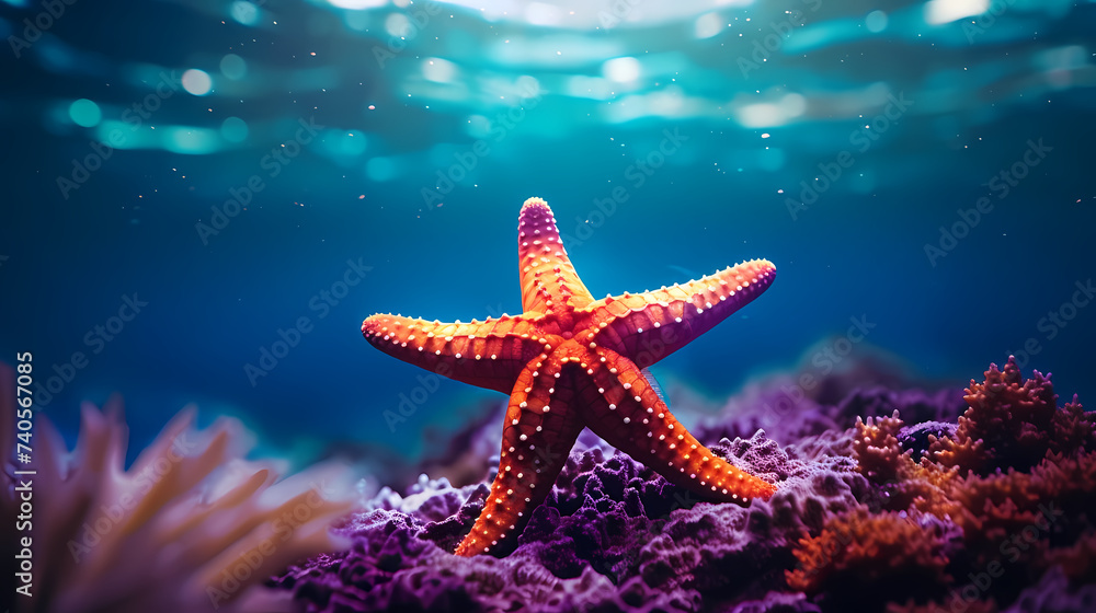 Sea shells and starfish, starfish on the ocean surface Sea shells and starfish, starfish on the ocean surface