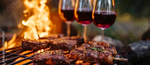 Sizzling grill loaded with assorted meats and a glass of exquisite wine for outdoor barbecue party