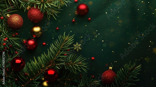 Square banner with gold and red Christmas symbols and text. Christmas tree, balls, golden tinsel confetti and snowflakes on green background. Header for website template. Ai generative