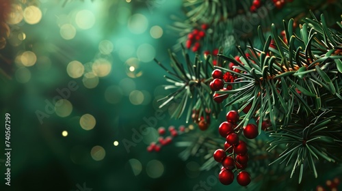 Square banner with gold and red Christmas symbols and text. Christmas tree, balls, golden tinsel confetti and snowflakes on green background. Header for website template. Ai generative