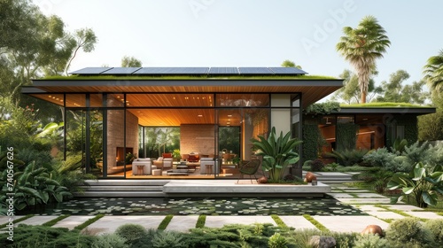 Modern Eco-Friendly Home with Solar Panels and Greenery. © _veiksme_