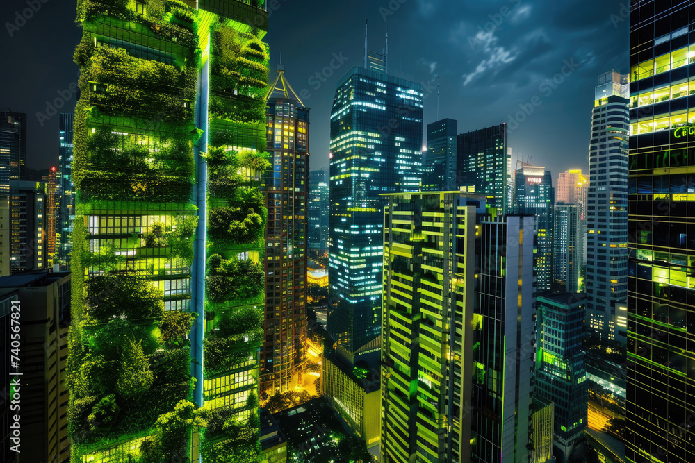 A sleek, eco-friendly urban landscape powered by green energy