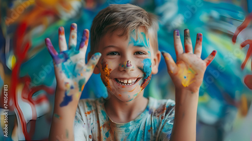 Smiling boy playing with colors, paint on hands and face, showing the two hands full of colorful pigment to the camera, concept of art and mess and creativity. generative ai