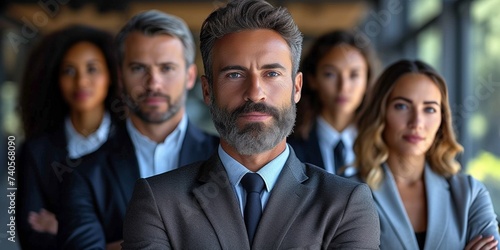 A calm and serious businessman stands with a successful  professional team in a corporate office setting.