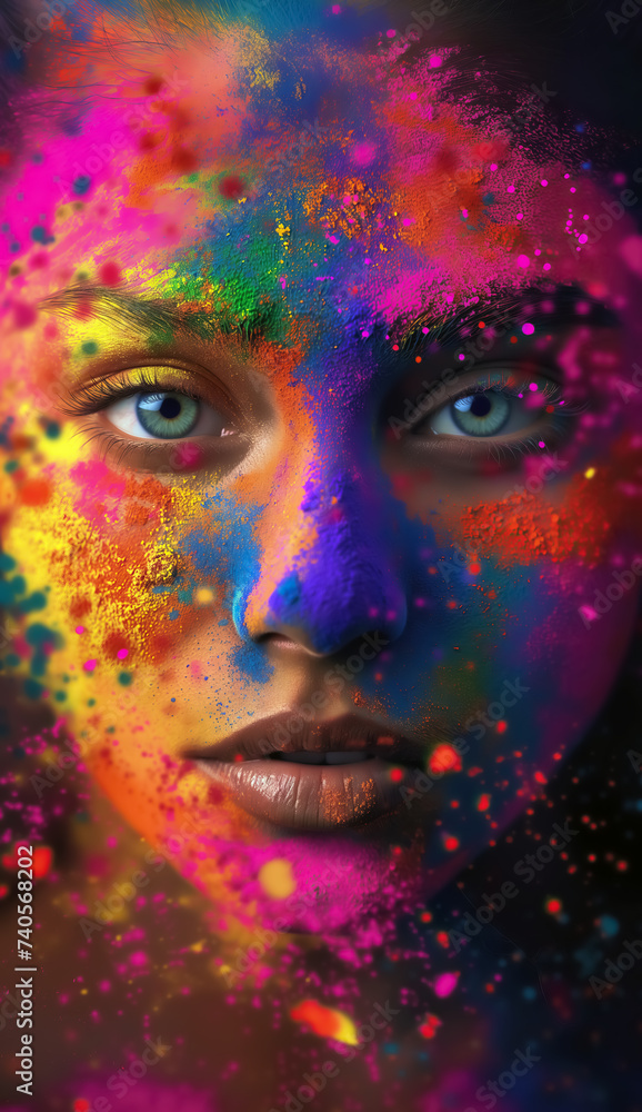 portrait of women face covered with colorful holi colors with explosion of vibrant colors powders