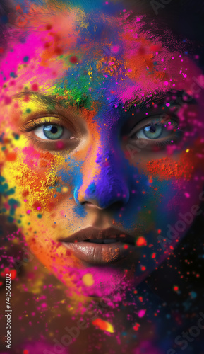 portrait of women face covered with colorful holi colors with explosion of vibrant colors powders