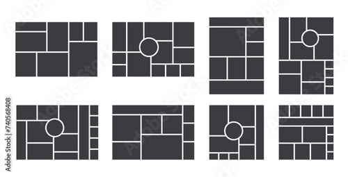 Photo collage layout. Moodboard template. Scrapbook images. Mood board background. Mosaic pictures album grid. Set of photomontage frames. Vector illustration. Poster designs in different formats.
