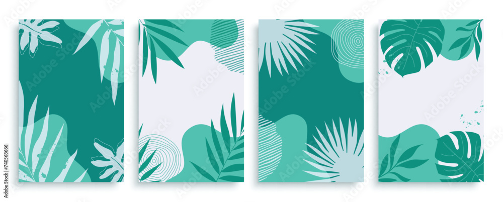 Summer leaves tropical vector poster set. Summer tropical green abstract and watercolor leaves for seasonal editable text template and background layout collection. Vector illustration tropical 