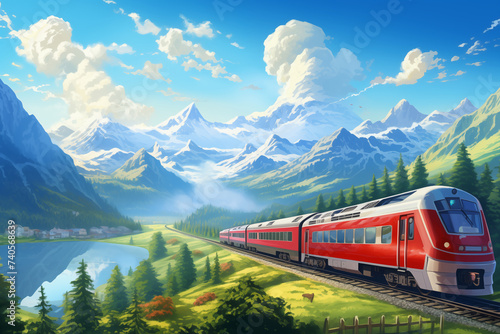 Travel by train in a beautiful mountain landscape, illustration generated by AI