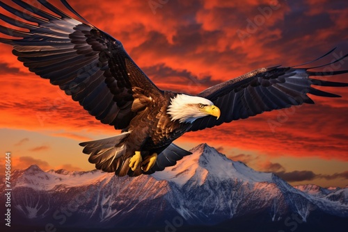 Un aigle royal survolant les montagnes au coucher du soleil » IA générative